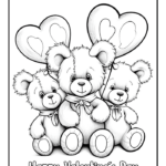 Three teddy bears holding heart balloons coloring page