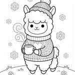 Alpaca in a winter sweater holding hot cocoa coloring page