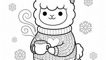 Alpaca in a winter sweater holding hot cocoa coloring page