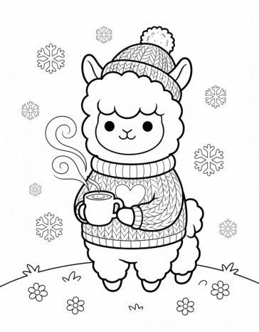 Alpaca in a winter sweater holding hot cocoa coloring page