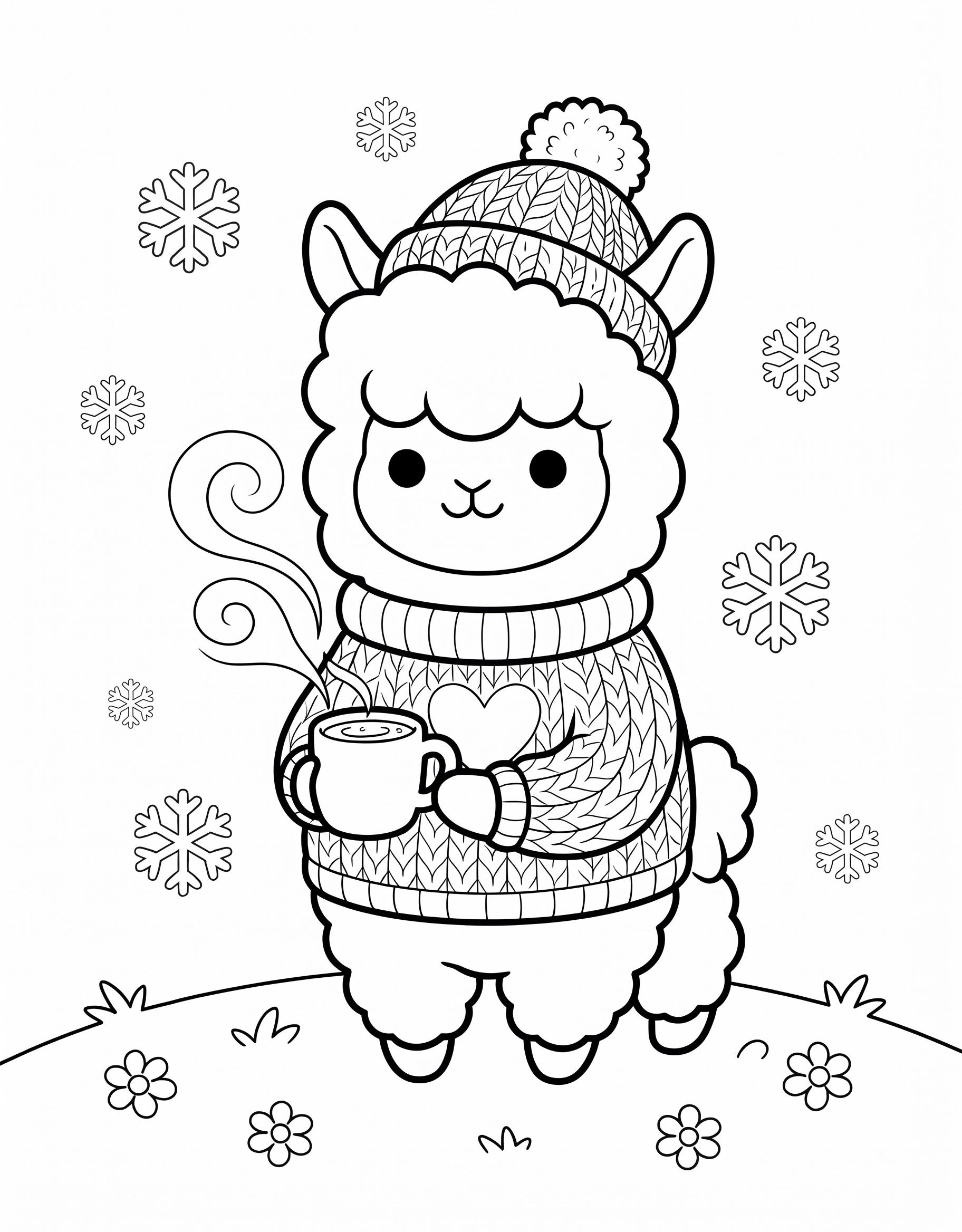 Alpaca in a winter sweater holding hot cocoa coloring page