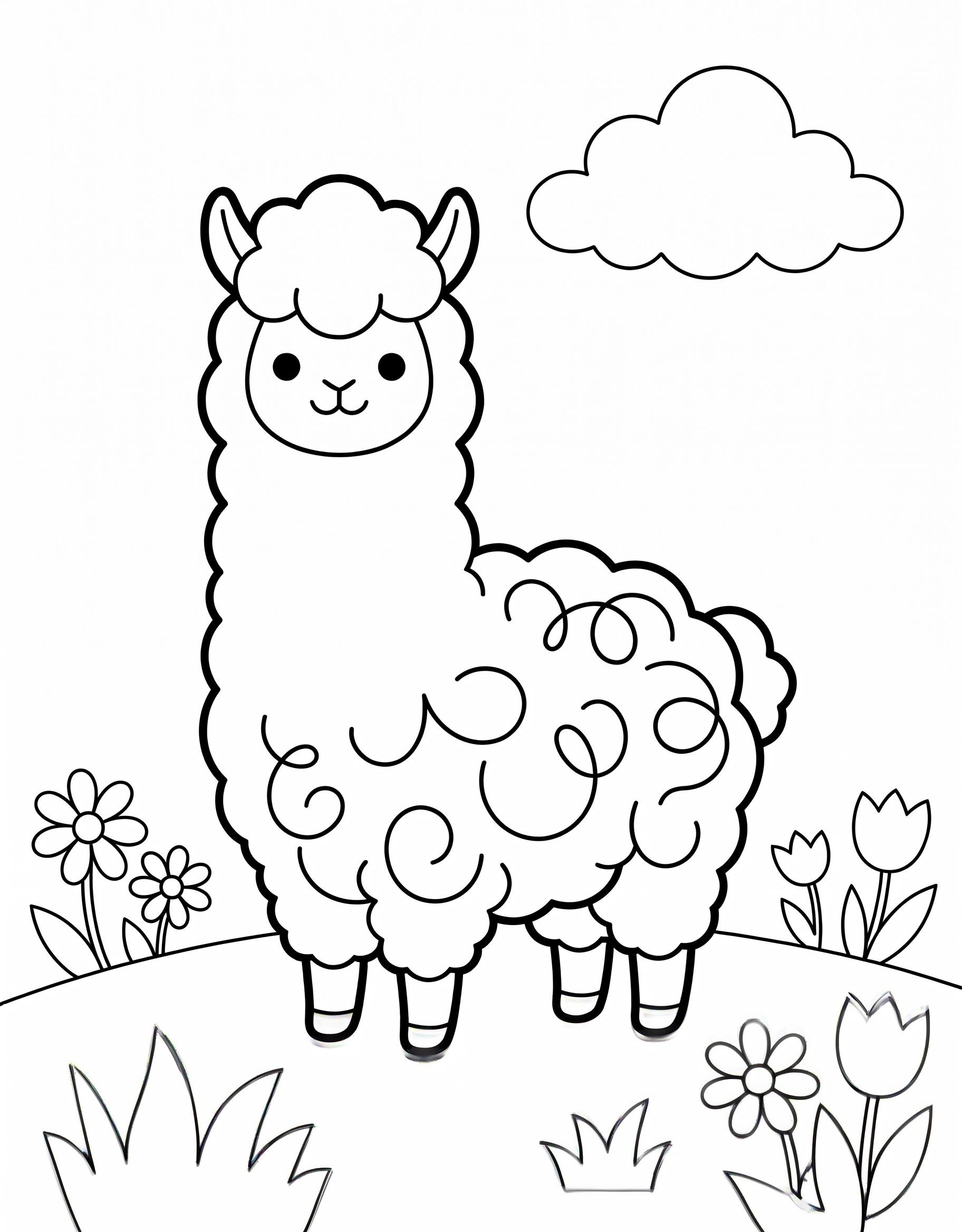 Alpaca standing on a flower hill coloring page