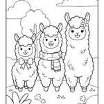 Three alpacas in a meadow coloring page