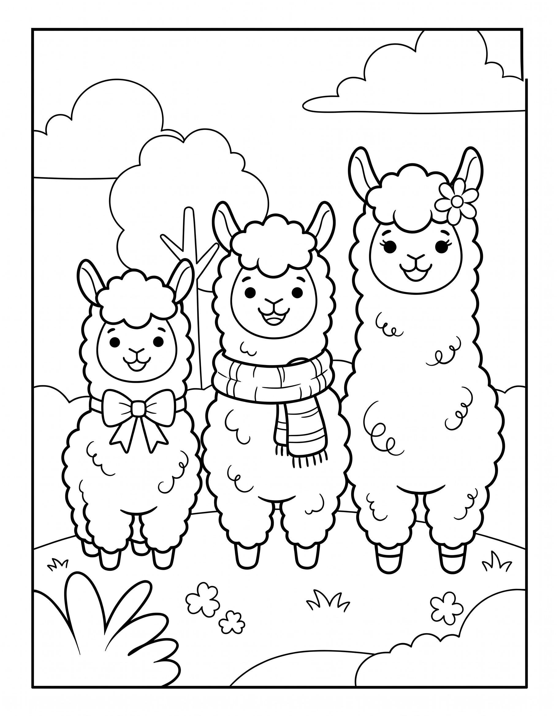 Three alpacas in a meadow coloring page