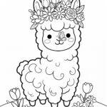 Alpaca with a flower crown and butterfly coloring page
