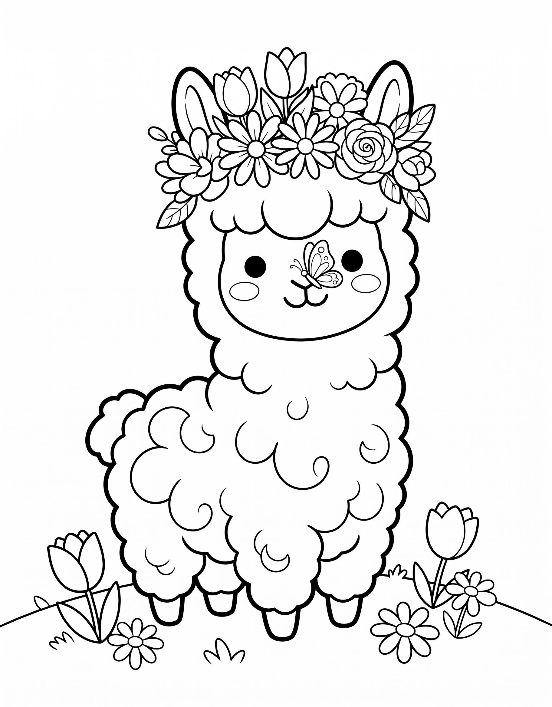 Alpaca with a flower crown and butterfly coloring page