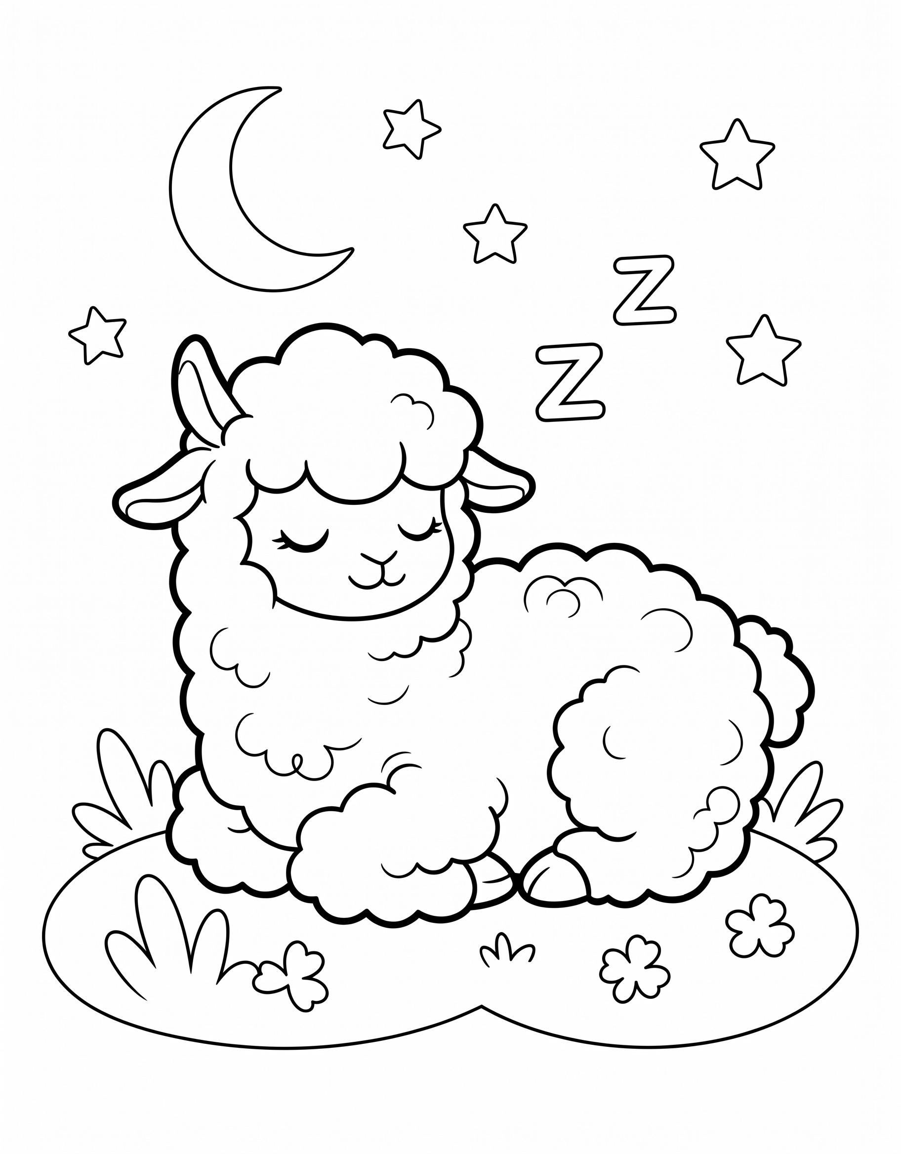 Sleeping alpaca under the moon and stars coloring page