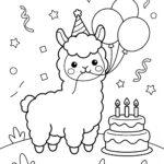 Alpaca birthday party with balloons and cake coloring page