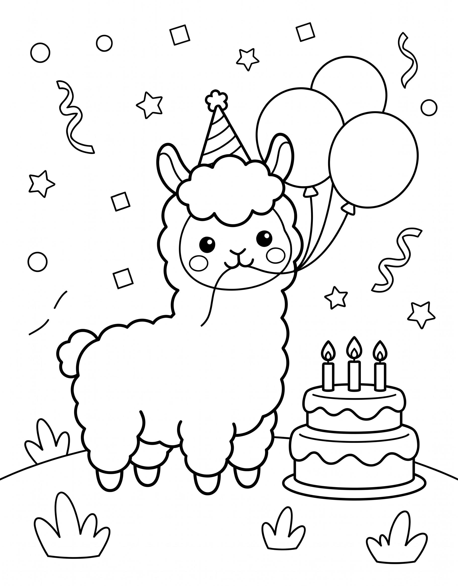 Alpaca birthday party with balloons and cake coloring page