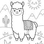 Alpaca with a patterned blanket in the mountains coloring page