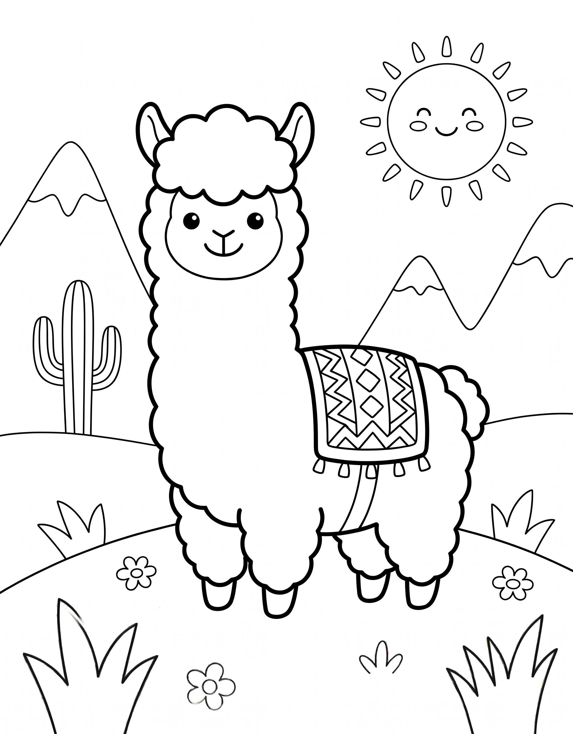 Alpaca with a patterned blanket in the mountains coloring page