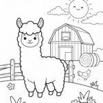 Alpaca on a farm with a barn and chicken coloring page