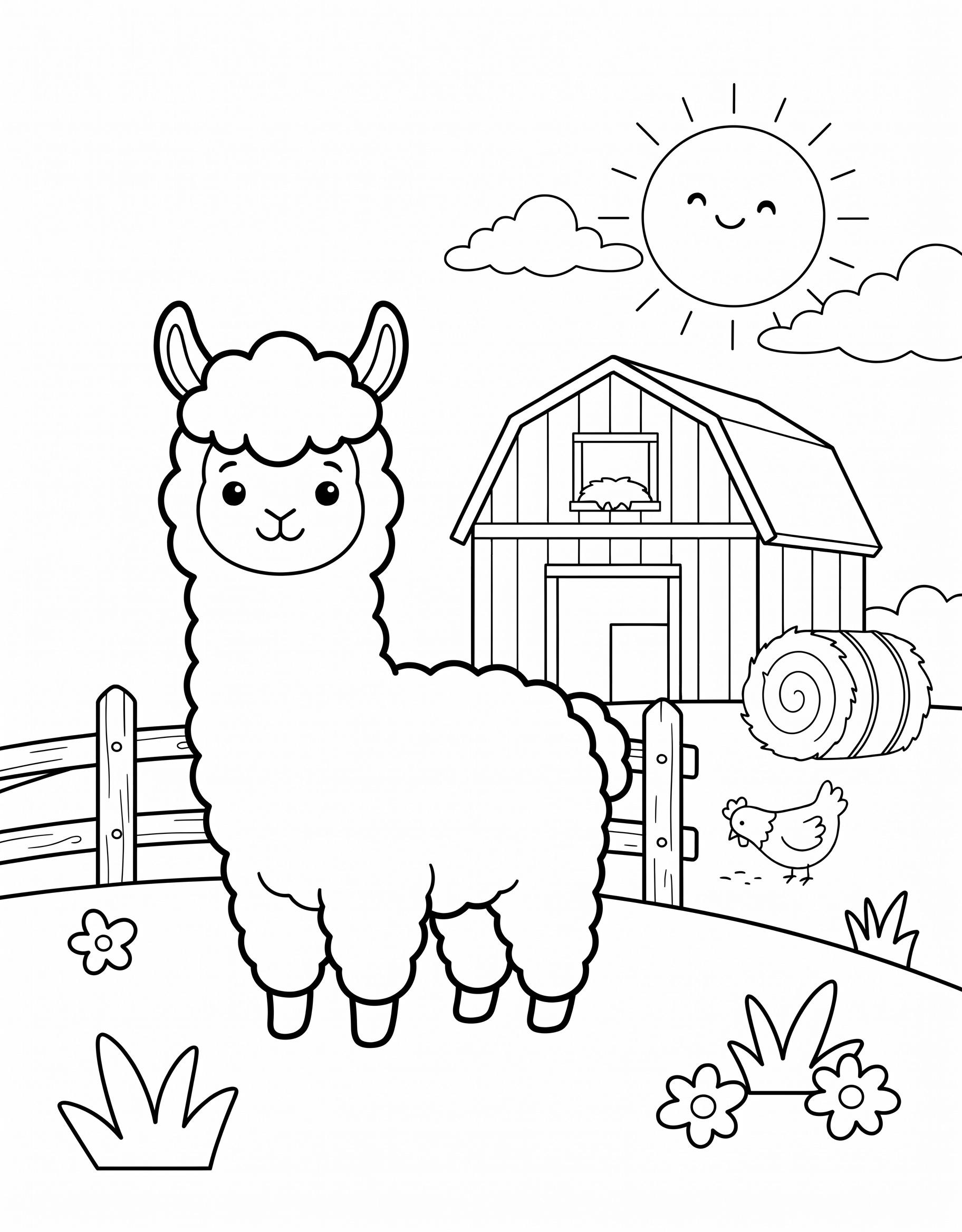 Alpaca on a farm with a barn and chicken coloring page