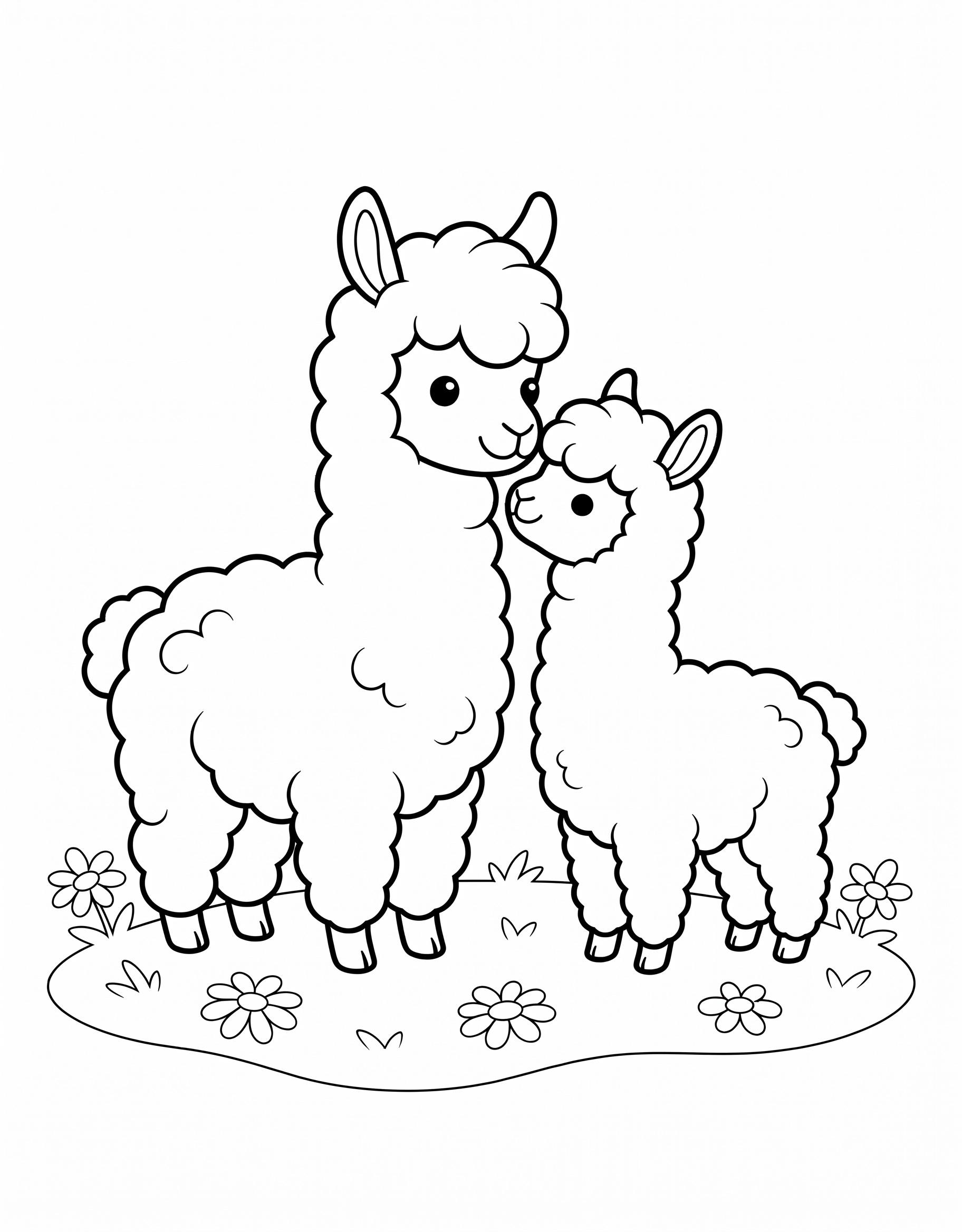 Mama alpaca and baby alpaca coloring page