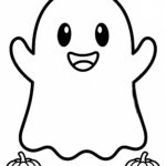 Cute ghost coloring page - happy ghost with pumpkins