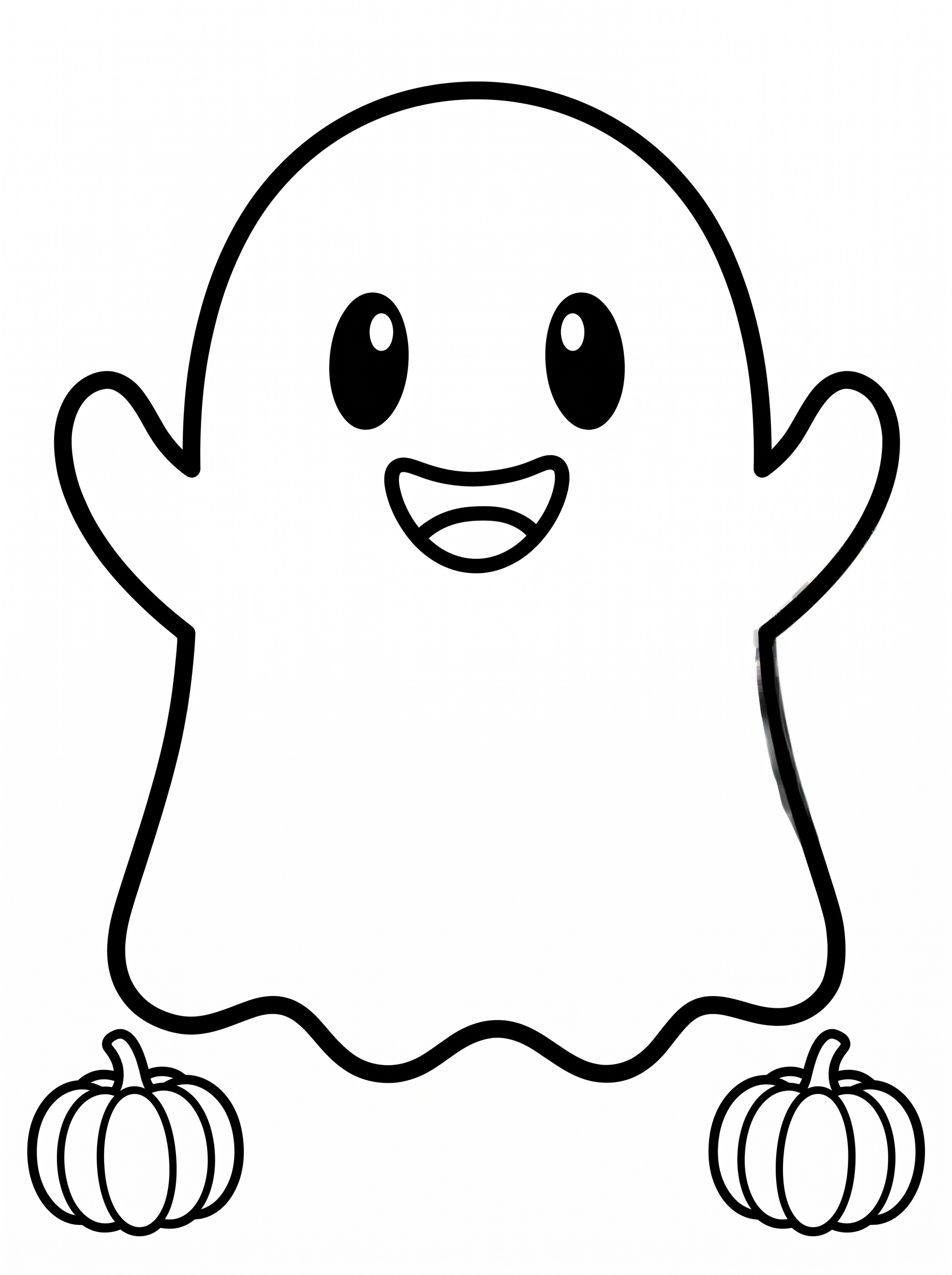 Cute ghost coloring page - happy ghost with pumpkins