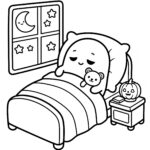 Cute ghost coloring page - sleepy ghost in bed with teddy bear