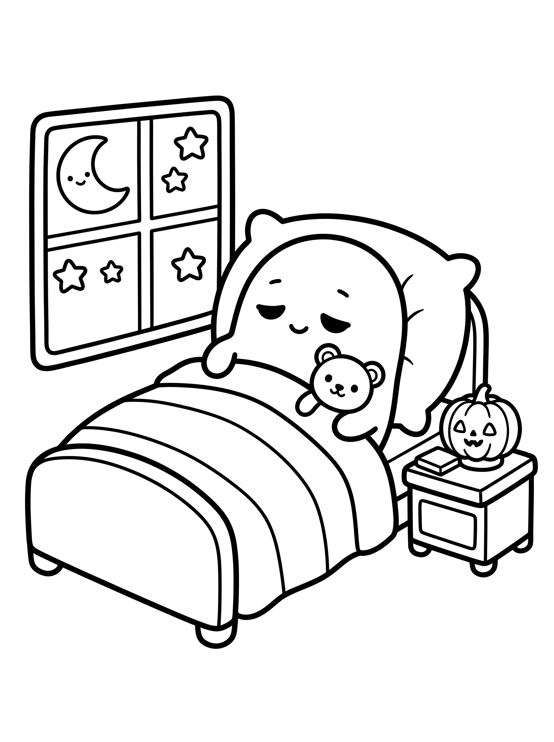 Cute ghost coloring page - sleepy ghost in bed with teddy bear