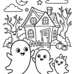 Cute ghost coloring page - three ghosts in front of haunted house