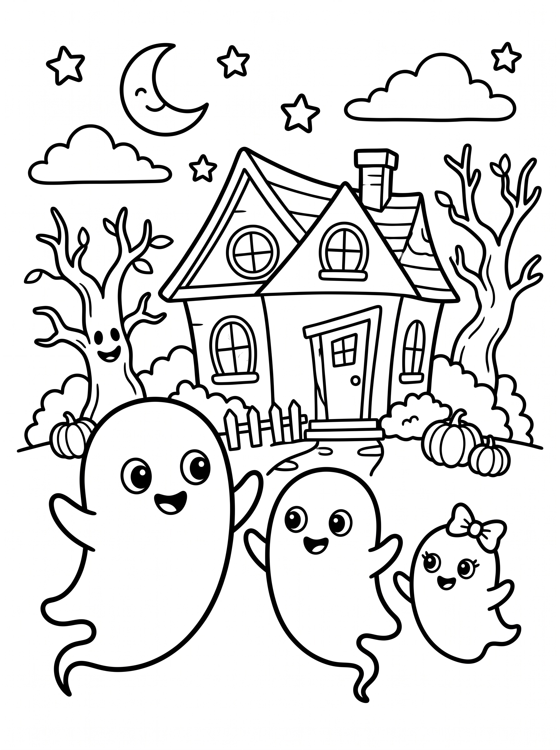 Cute ghost coloring page - three ghosts in front of haunted house