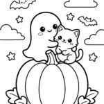 Cute ghost coloring page - ghost hugging kitten on pumpkin