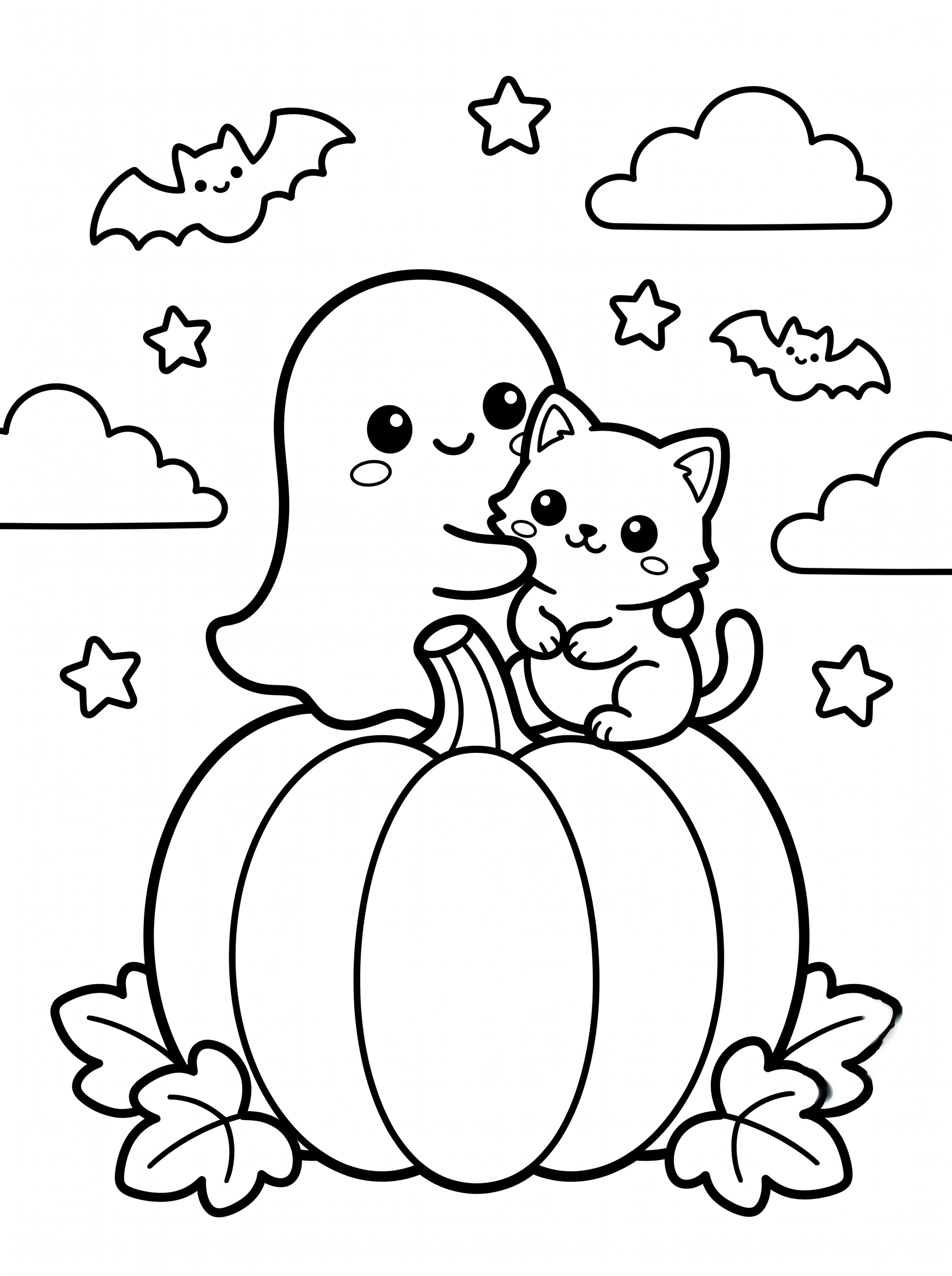 Cute ghost coloring page - ghost hugging kitten on pumpkin