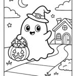 Cute ghost coloring page - ghost in witch hat trick-or-treating