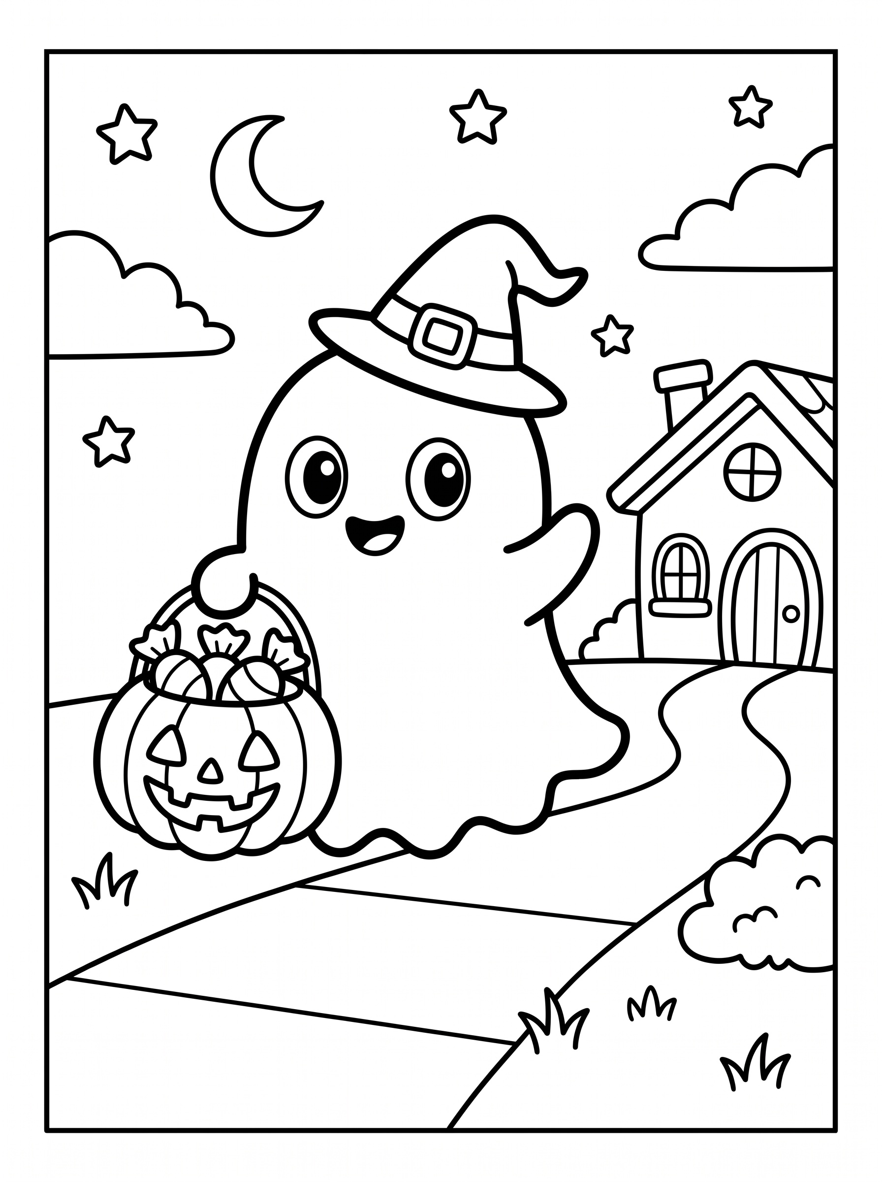 Cute ghost coloring page - ghost in witch hat trick-or-treating