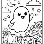 Cute ghost coloring page - ghost over pumpkin patch