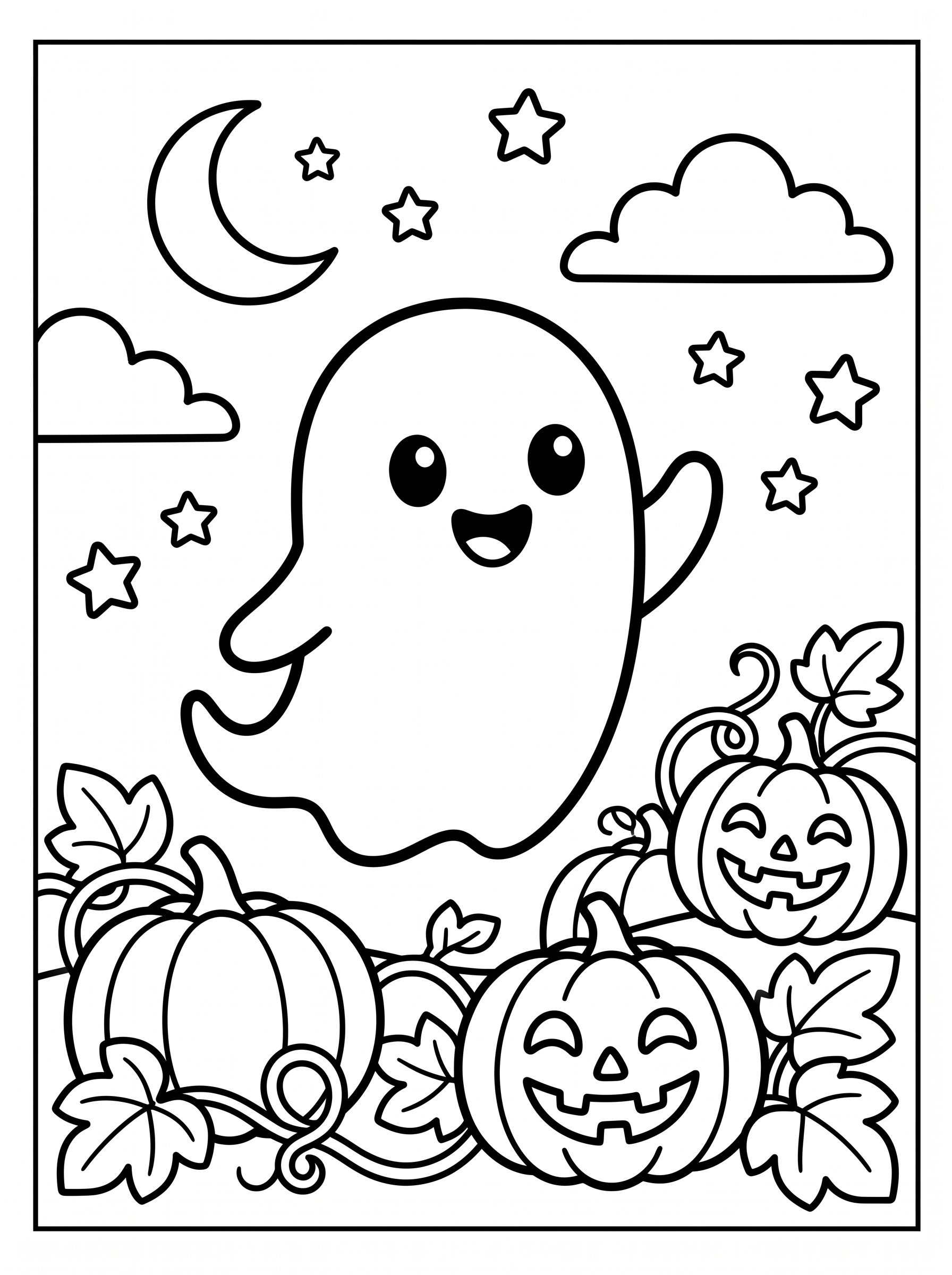 Cute ghost coloring page - ghost over pumpkin patch