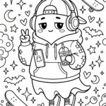 Cute ghost coloring page - cool teen ghost with headphones and skateboard