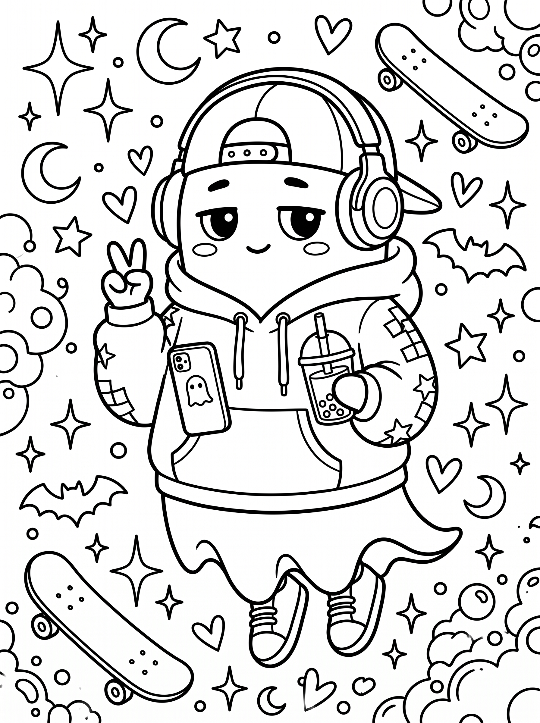 Cute ghost coloring page - cool teen ghost with headphones and skateboard