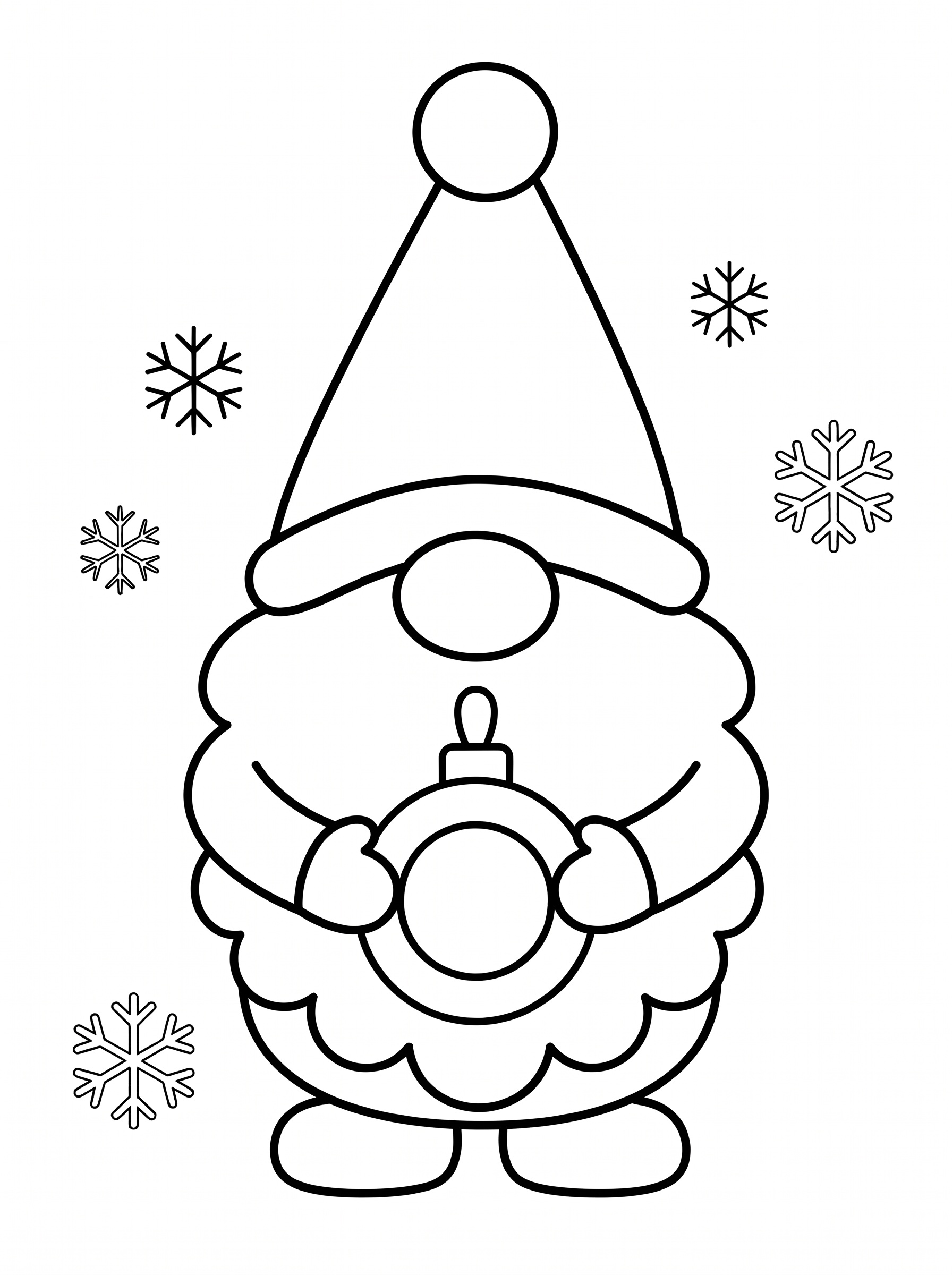 Gnome holding a Christmas ornament coloring page