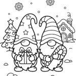 Two Christmas gnomes with gift and candy cane coloring page