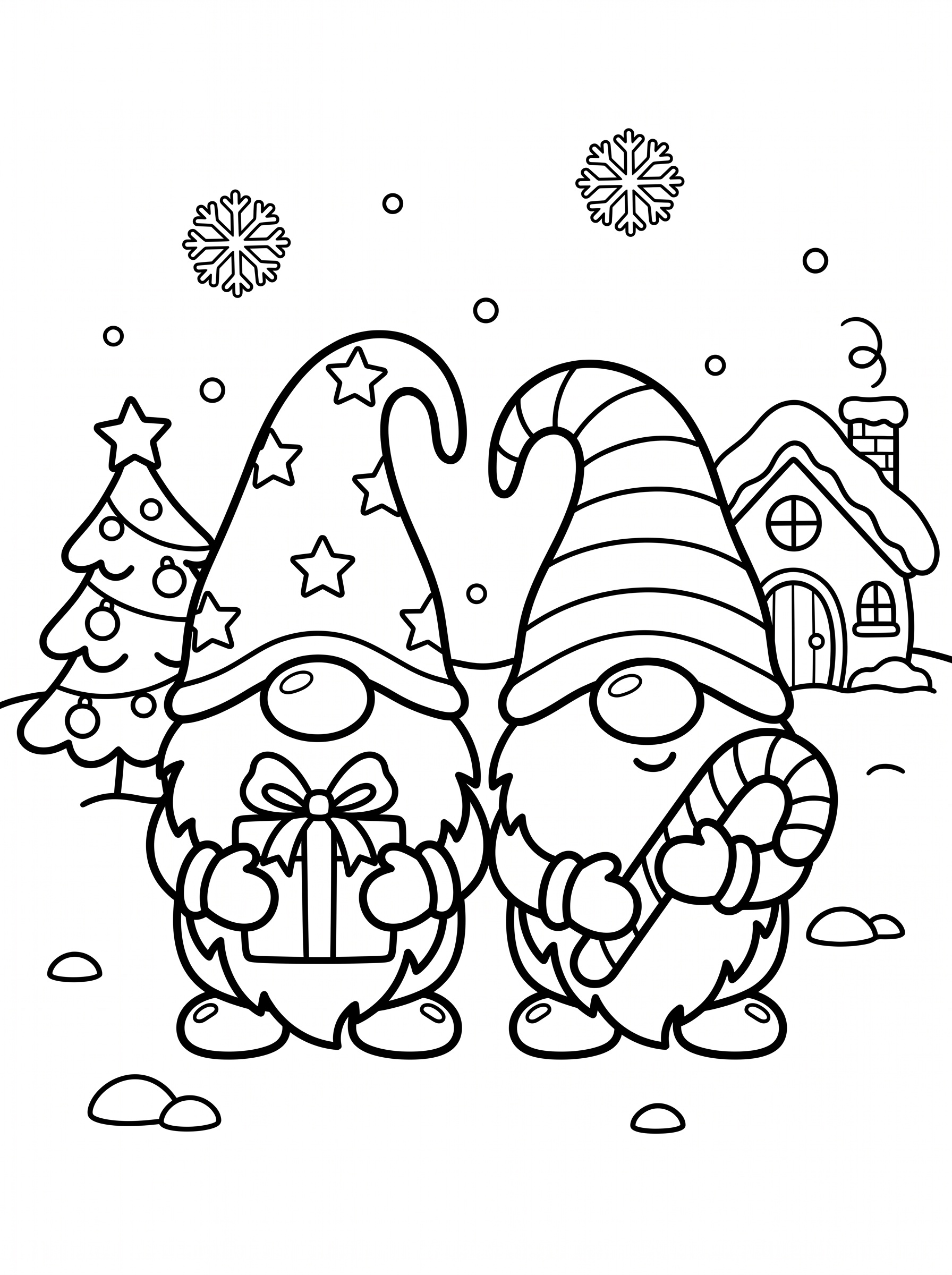 Two Christmas gnomes with gift and candy cane coloring page