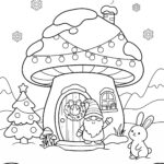Gnome mushroom house at Christmas coloring page
