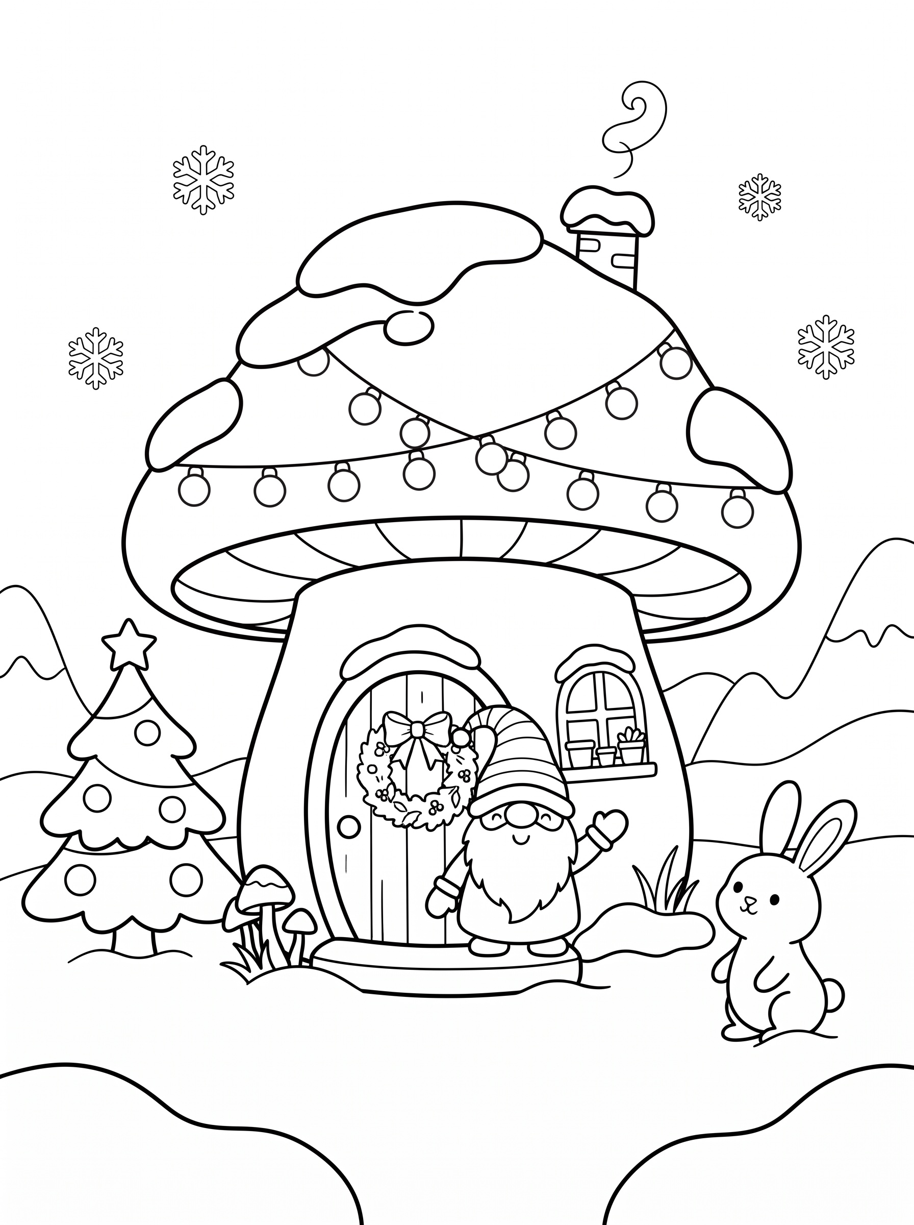 Gnome mushroom house at Christmas coloring page