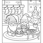 Gnome family by the fireplace coloring page
