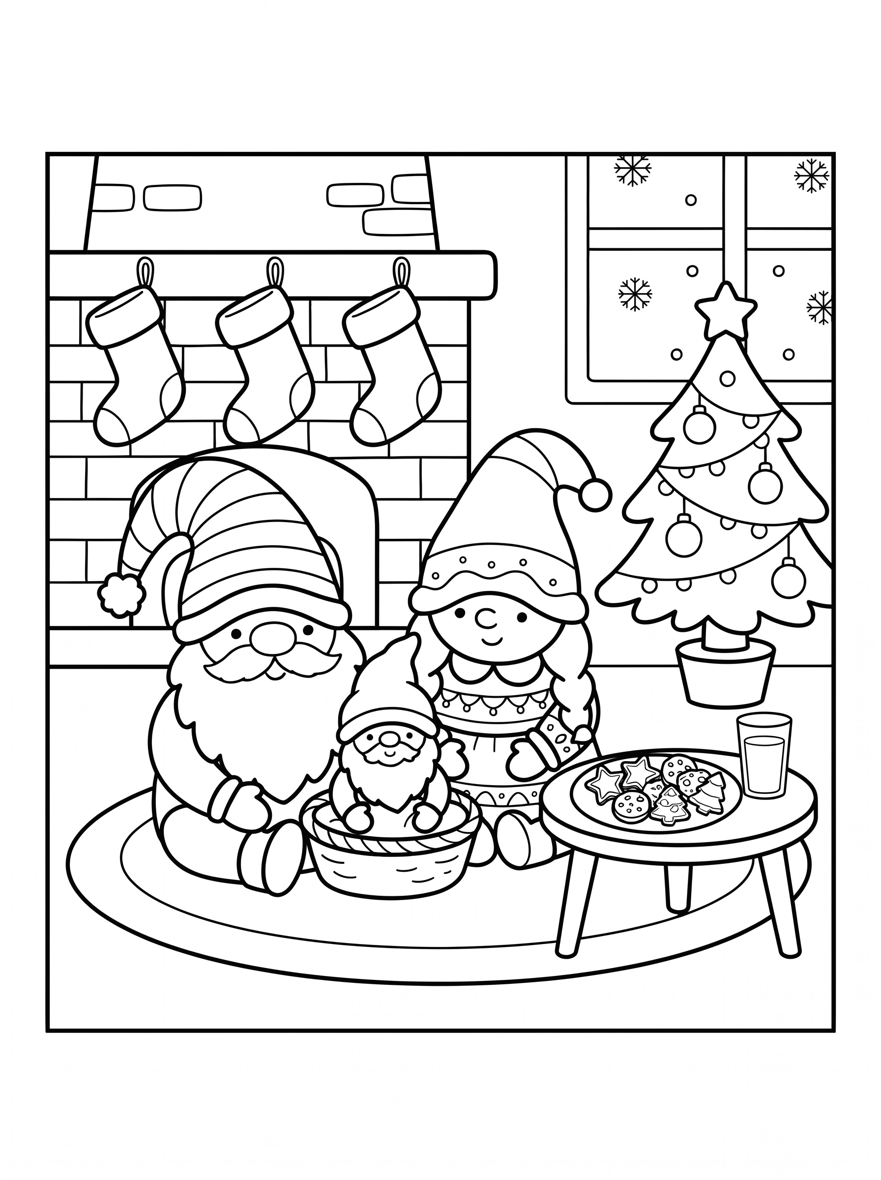 Gnome family by the fireplace coloring page