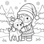Gnome hugging a baby reindeer coloring page