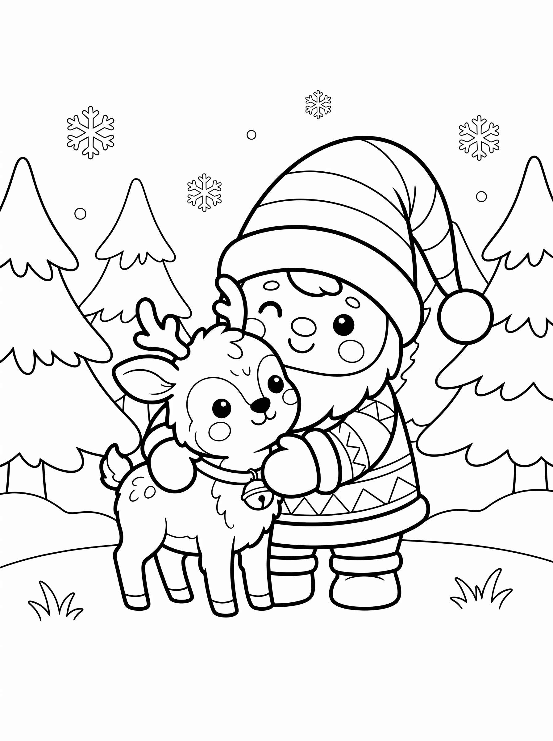 Gnome hugging a baby reindeer coloring page