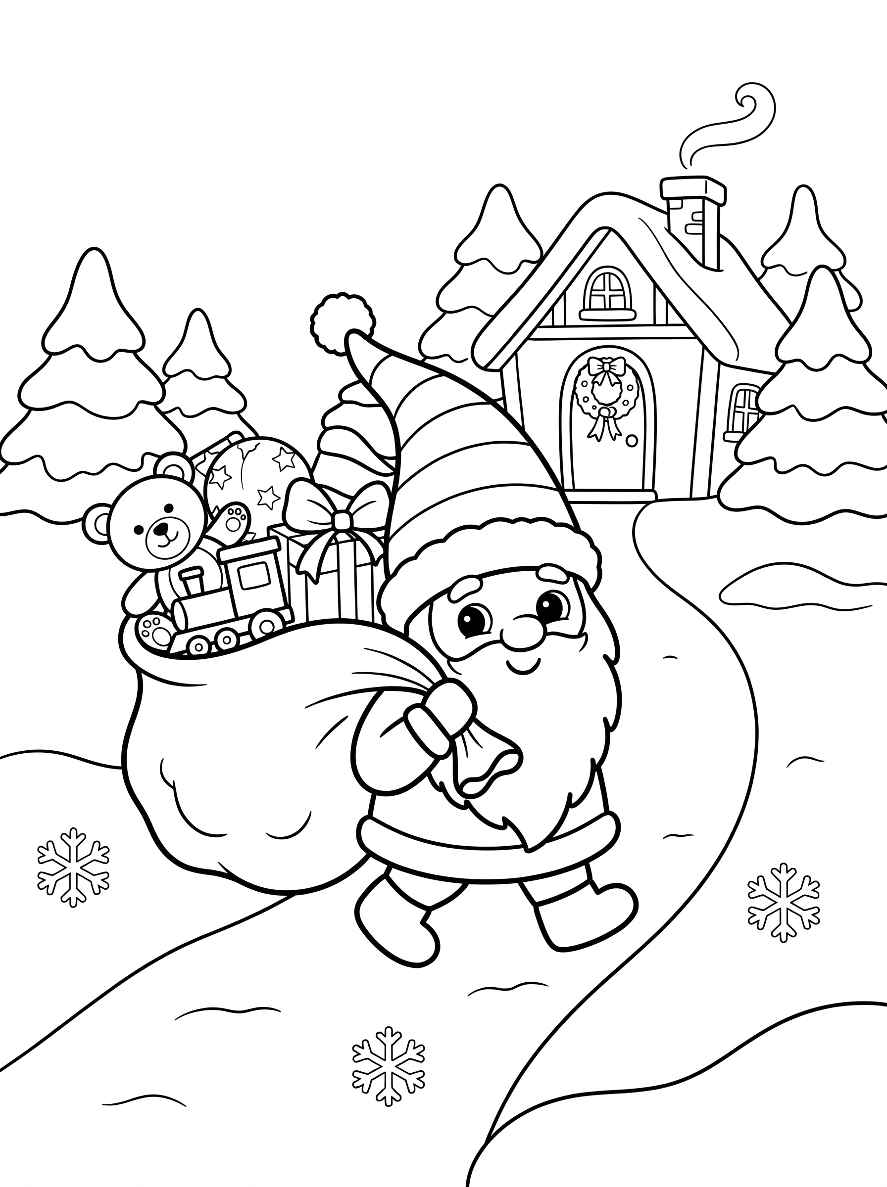 Gnome carrying a sack of toys coloring page