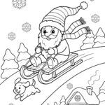 Gnome sledding down a snowy hill coloring page