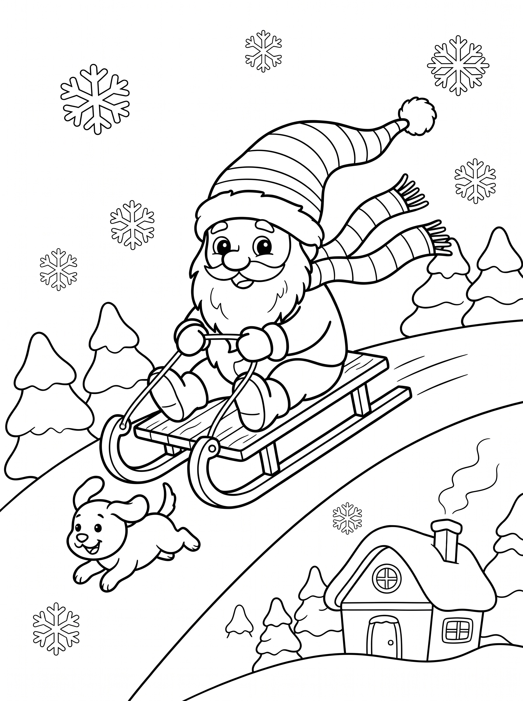 Gnome sledding down a snowy hill coloring page