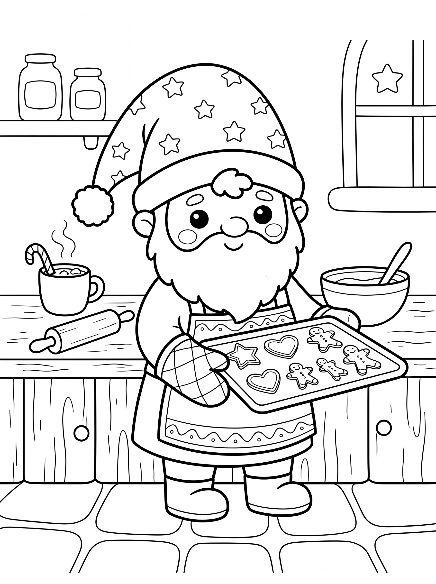 Gnome baking Christmas cookies coloring page