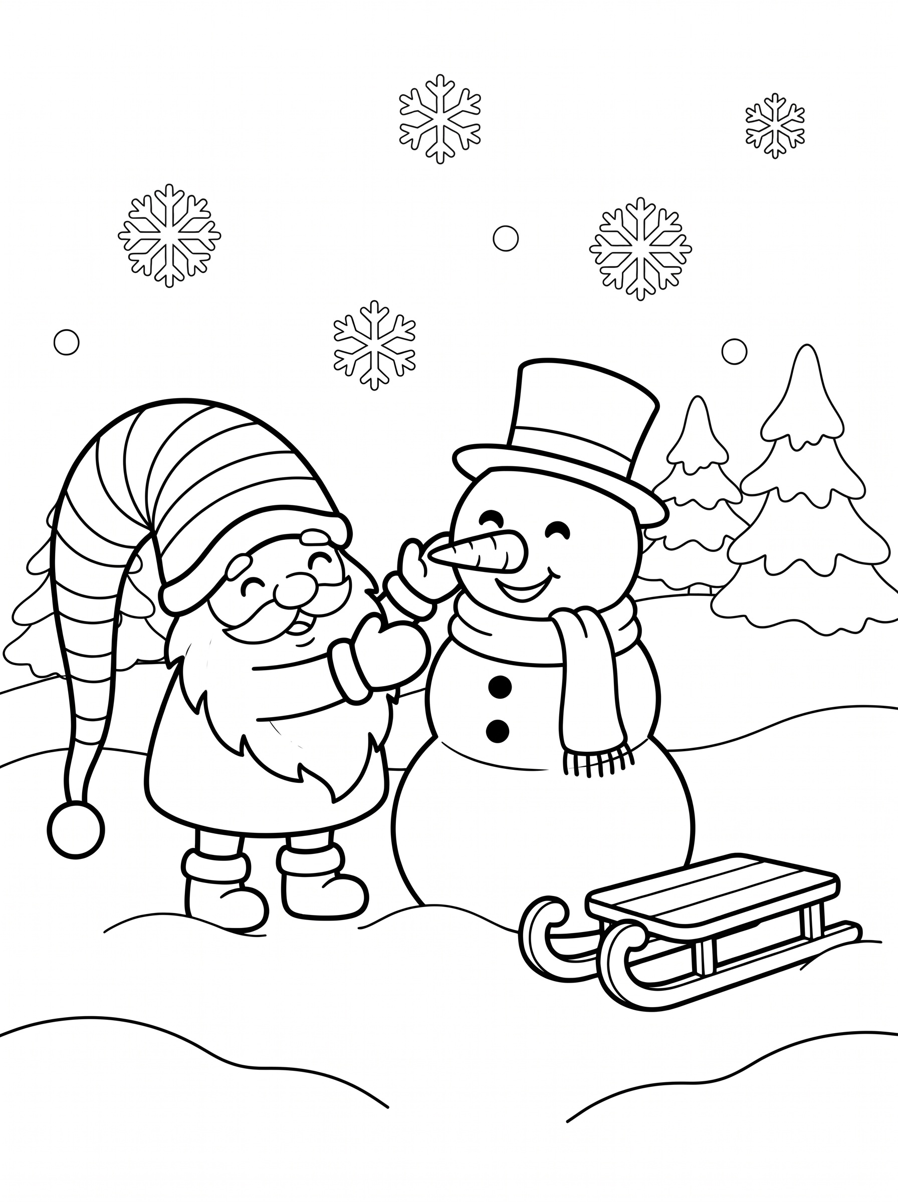 Gnome and snowman friends coloring page