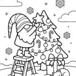 Gnome decorating the Christmas tree coloring page