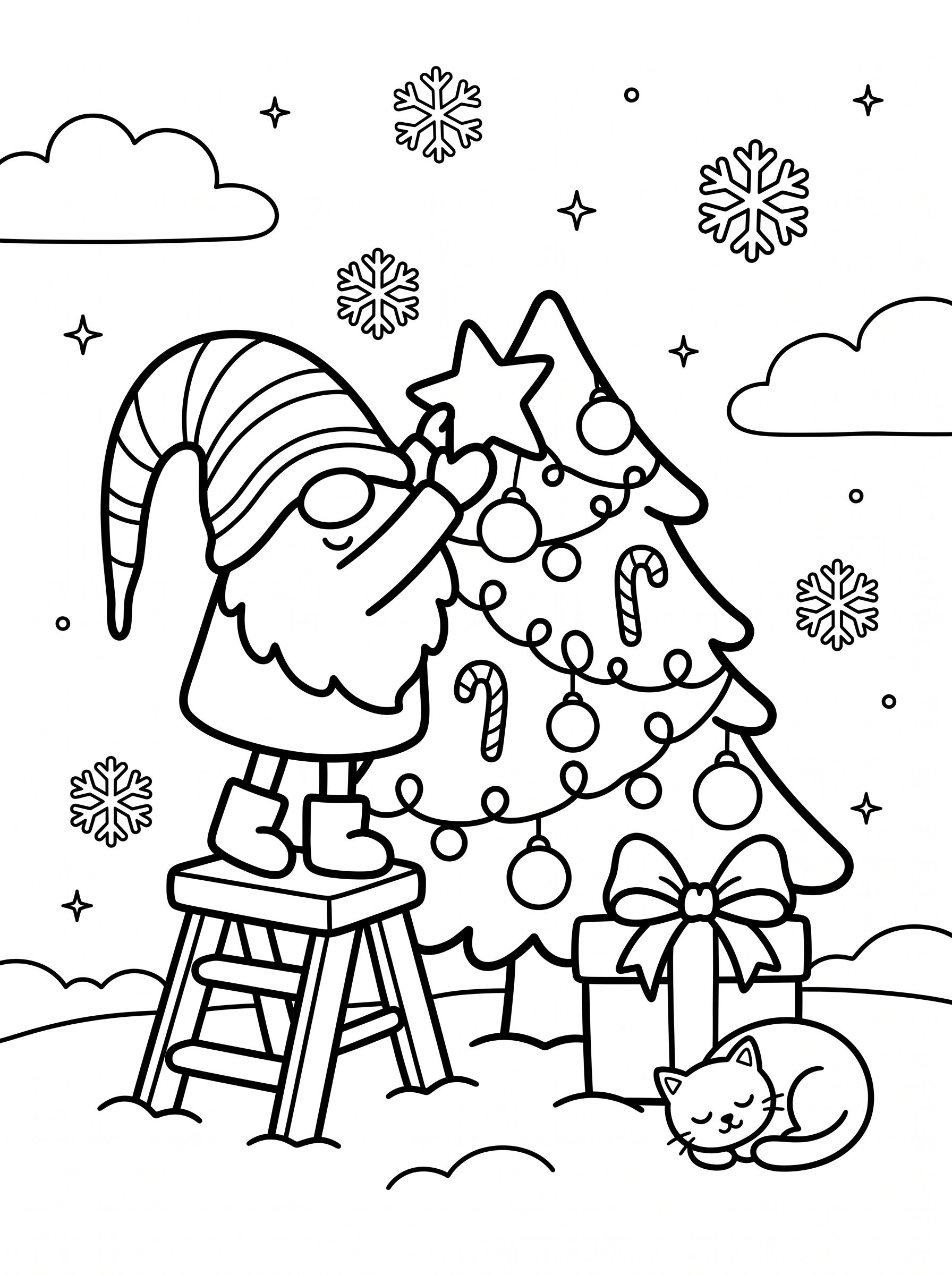 Gnome decorating the Christmas tree coloring page