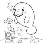 Happy smiling manatee swimming coloring page