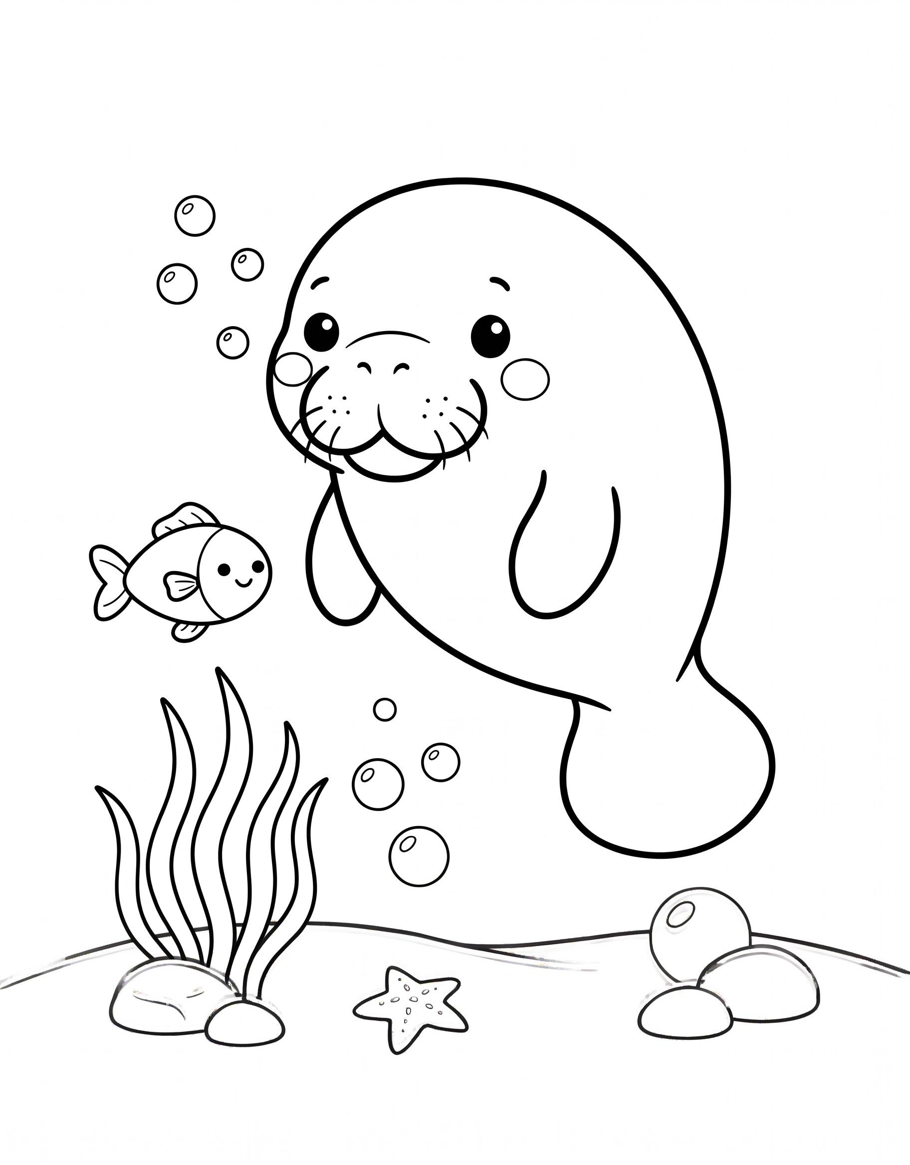 Happy smiling manatee swimming coloring page